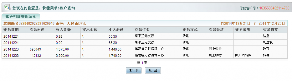 12月23日泉州晨曦公司匯款3300元至農(nóng)行卡